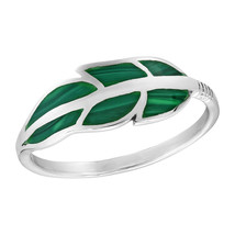 Floating Feather Green Malachite Inlays Sterling Silver Ring-8 - £11.80 GBP