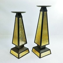 Bradford Pillar Candle Holders Modern Design Metal Inlaid 2pc set Short &amp; Taller - £34.80 GBP