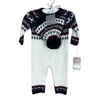 Tahari Coverall Hat Set Baby 6-9 Months Fair Isle Deer Tree Knit Sweater Pom New - £19.96 GBP