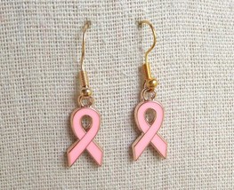 Pink Ribbon Breast Cancer Awareness Drop Dangle Earrings Gold Plated Wire Hooks - £11.89 GBP