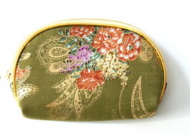 Vintage Green cosmetic bag, Cosmetic bag with golden ornaments and floral print, - £19.34 GBP