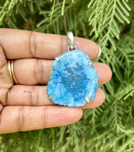 925 Sterling Silver Plated, Turquoise Blue Druzy Geode Agate Stone Penda... - $12.07