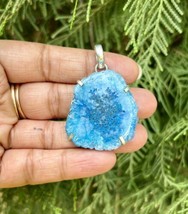 925 Sterling Silver Plated, Turquoise Blue Druzy Geode Agate Stone Penda... - £9.49 GBP