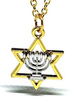 Star of David Menorah Necklace Pendant Jewish Kabbalah Israel Gold Tone Chain - £6.17 GBP