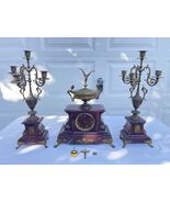 H.Luppen Mid-19th Century Clock &amp; 2 Candelabras Carved Red Marble &amp; Gild... - $5,791.49