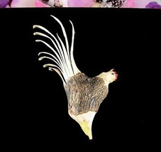 Wooden ROOSTER PIN Vintage Wood Handcrafted Brooch Hand Carve Bark Tail Feathers - £13.23 GBP