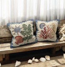 Lot of 2 Needlepoint Pillows Ocean Ivory, Light Blue Seashell Coral Beach House  - £50.34 GBP