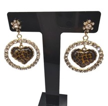 Heart Shaped Pierced Earrings Leopard Print Acrylic Clear Rhinestones Hoop Women - £6.62 GBP
