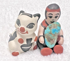 2 Tiny Native American Story Teller w Piece of Turquois Stone &amp; Critter ... - $19.80