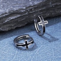 Round Small Black Cross Huggie Hoop Earrings Surgical Steel Men&#39;s Jewelr... - £13.44 GBP