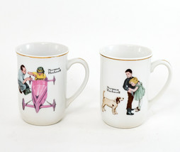 2 Norman Rockwell Cups &quot;Final Tune Up &amp; Big Brother&quot; White W/Gold Trim Japan Vtg - £8.63 GBP