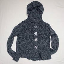 Gray Knit Button Hooded Hoodie Cardigan Sweater Girl’s 7 Marbled Chunky ... - $18.81