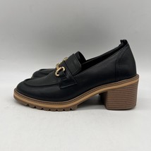 Time And Tru Womens Black Leather Round Toe Slip-On Loafer Block Heels Size 9 - £31.84 GBP