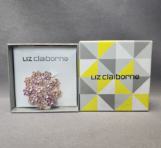 Liz Claiborne Floral Pink &amp; Purple Rhinestone Flower Brooch Gold-tone Si... - £19.35 GBP
