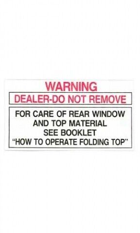 Primary image for 1956 Late-1975 Corvette Tag Convertible Top Rear Window Warning 5