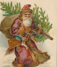 Santa Claus In Pink/Burgundy Coat, Tree, Sack of Toys Antique Christmas Postcard - £38.98 GBP