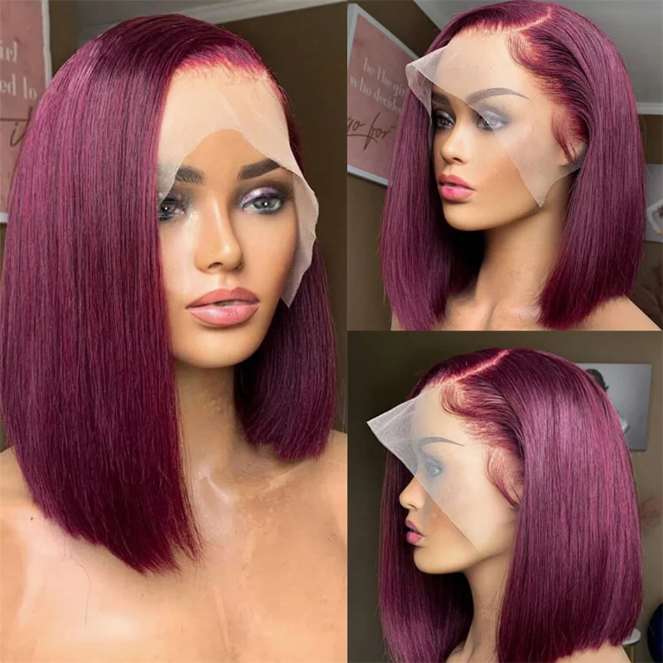 99J Ombre Burgundy Color 13x4 Lace Short Bob Wig Human Hair Lace Front Wig Remy - £42.62 GBP+