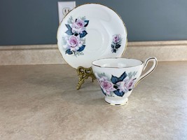 Delphine Bone China Tea Cup and Saucer England White Pink Roses - $15.83