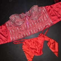 Victoria&#39;s Secret 32C 34B S CORSET TOP BRA+XS BOW thong RED SHINE STRAP ... - $148.49