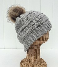 Gray Knit Crochet Beanie Winter Ski Hat With Faux Fur Pom Pom &amp; Plush Li... - £9.71 GBP
