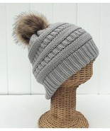 Gray Knit Crochet Beanie Winter Ski Hat With Faux Fur Pom Pom &amp; Plush Li... - £9.76 GBP