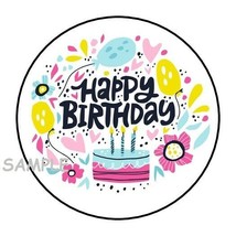 30 Happy Birthday Envelope Seals Labels Stickers 1.5&quot; Round Balloons Cake Flower - £5.95 GBP