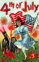 4th Of July Patriotic Postcard Girl Cannon Fireworks American Flag Firecracker - £19.30 GBP