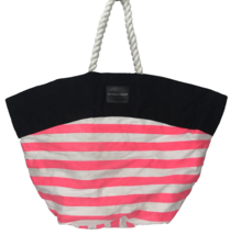 Victoria&#39;s Secret Large Tote Bag Pink White Stripe Black Rope Handles Be... - £23.76 GBP