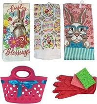 Easter Bunny Dish Towels Set with Pink Caddy Cleaning Gloves and Sponges - £24.85 GBP