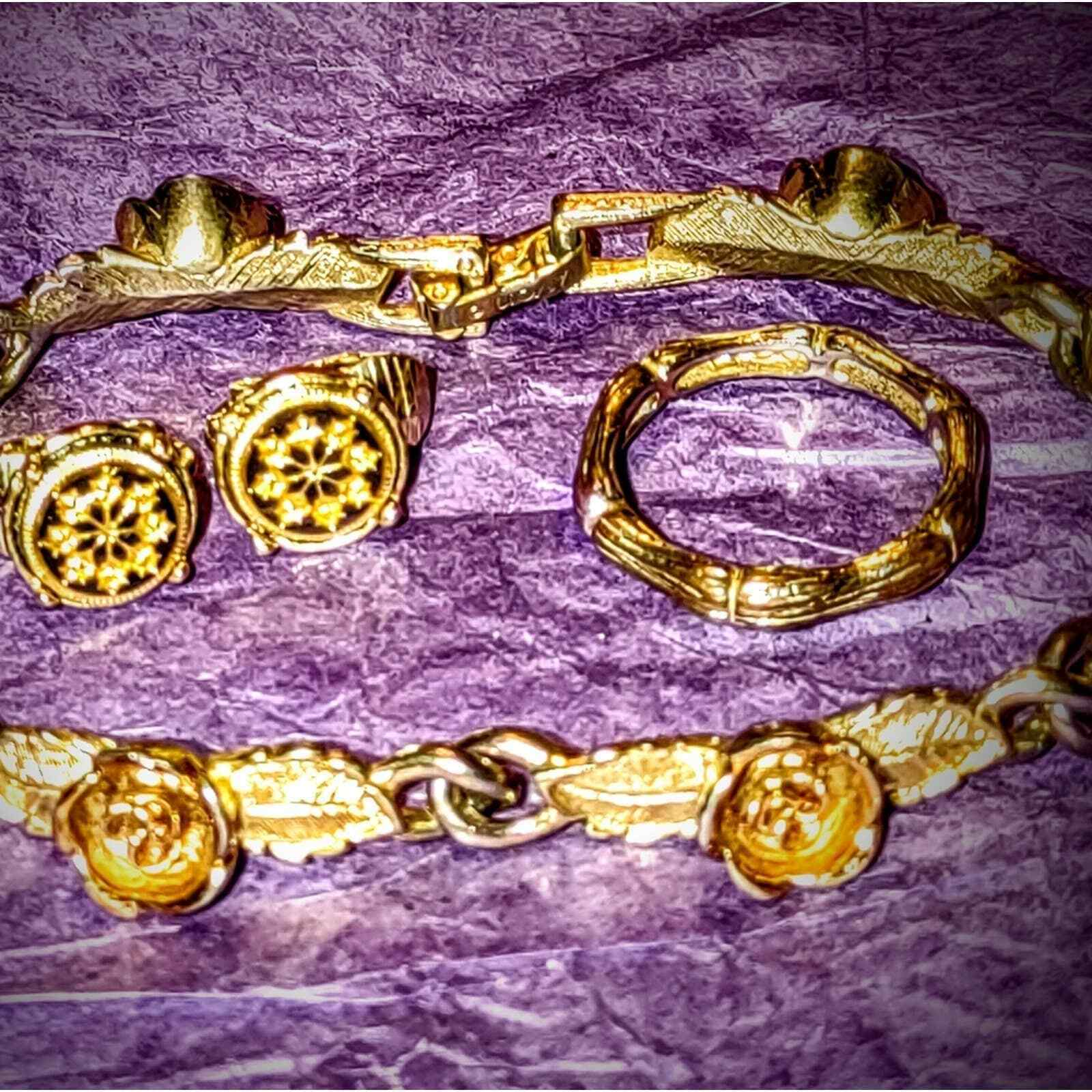 Primary image for 60s vintage gold rose floral bracelet~floral clip-ons~gold ring size 6.5