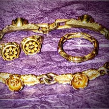 60s vintage gold rose floral bracelet~floral clip-ons~gold ring size 6.5 - £24.78 GBP