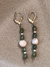 Long Green Plastic Barrel &amp; Faux Freshwater Pearl Bead Dangle Earrings for Pierc - £7.55 GBP