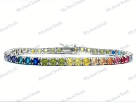 4mm Simulated Multi-Color Gemstone Tennis Rainbow Bracelet 7&quot; Real 925 Silver - £143.87 GBP