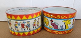 2 Vintage J Chein Tin Toy Drum Circus Animals Marching Band 6” Tin Drum B - £35.96 GBP