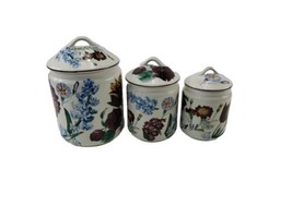 Vintage Set of 3 Canisters Burgundy Blue Flowers Made In Japan - £41.15 GBP