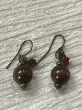 Estate Brown Moonglow Bead &amp; Tiny Orange Rhinestone Dangle Earrings for Pierced - £7.63 GBP