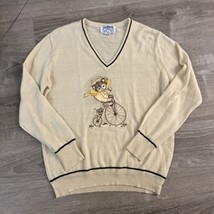 Vintage 70s Ades of California Embroidered V-neck Sweater Cat &amp; Mouse Bicycle - £27.96 GBP