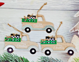 Merry Christmas Tan Truck Ornaments Black White Plaid 5.5&quot; Wood 3 Pc - $14.99