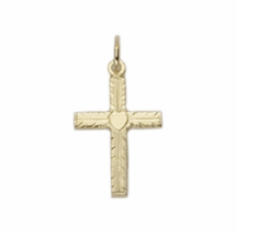 14K Gold Cross Pendant With Centered Heart Necklace &amp; Chain - £79.82 GBP