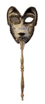 VTG Black Gold Venetian Masquerade Party Hand Held Mask on Stick Music Notes  - £12.01 GBP
