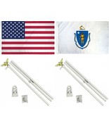 AES 3x5 3&#39;x5&#39; USA American w/State of Massachusetts Flag w/Two 6&#39; White ... - $642.96 MXN