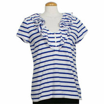 Ralph Lauren White Bright Blue Striped Cotton Knit Ruffle Neck Top Xl - £27.74 GBP