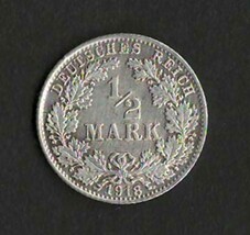 GERMANY 1918 Fine Silver Coin 1/2 Mark KM # 17                  dc1 - £9.20 GBP