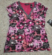 Womens Shirt Axcess Pink Floral Short Sleeve Surplice Mesh Top $39 NEW-size M - £11.84 GBP
