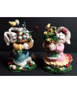 Pair of Rabbits w/ Spring Easter Egg Baskets Decor Resin Young Figurines... - £23.42 GBP