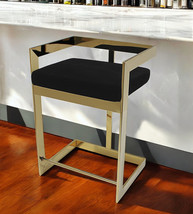 30" Black And Gold Velvet And Stainless Steel Low Back Bar Height Bar Chair - $11,258.42 MXN