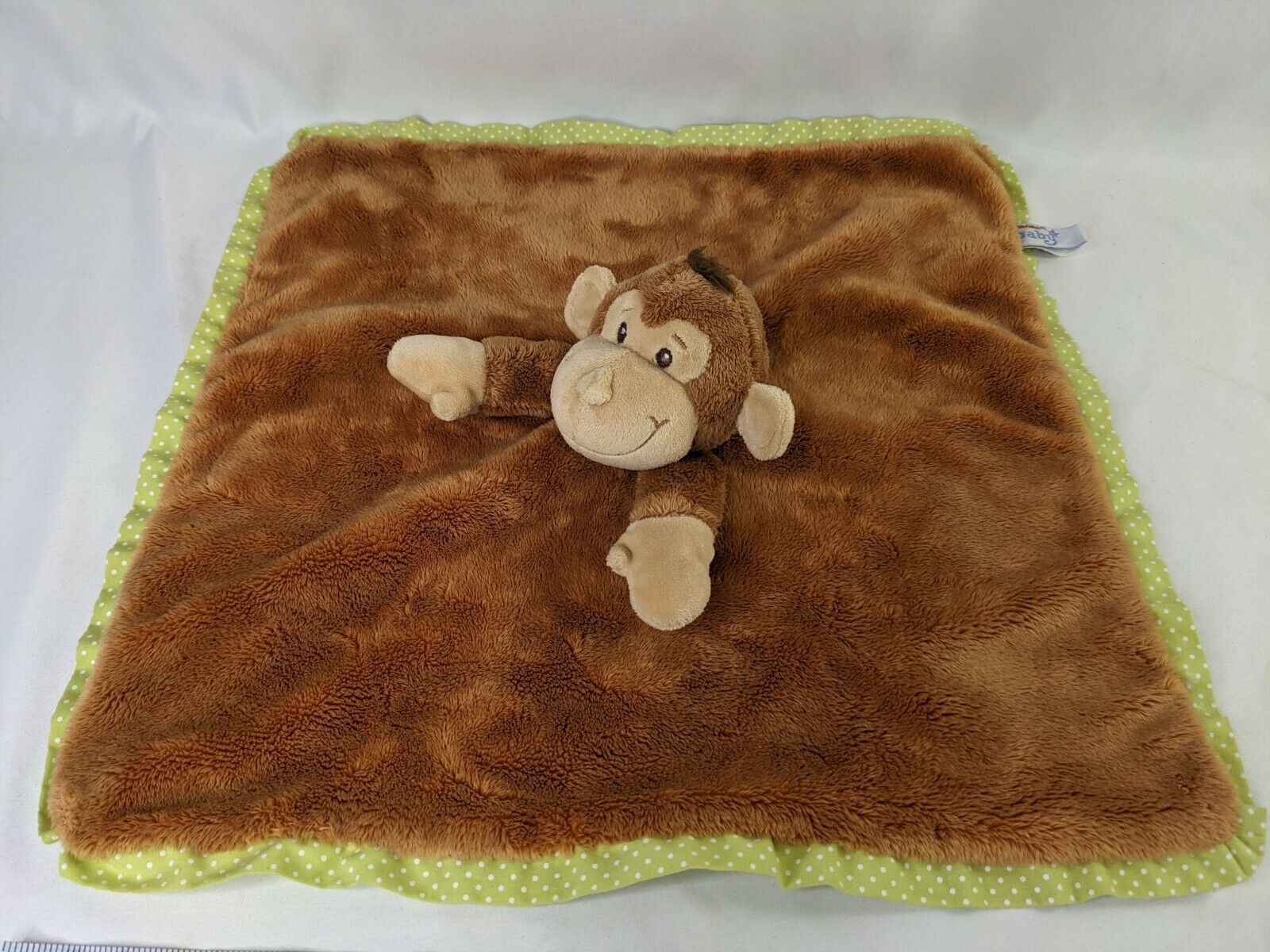 Aurora Baby Brown Monkey Lovey Security Blanket Green Polka Dots Stuffed Animal  - $12.95