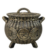 Wiccan Triple Moon Cauldron Pot In Wicker Finish Decorative Trinket Crys... - $47.99