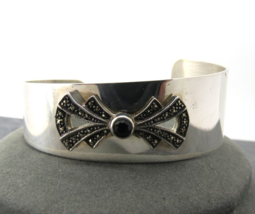 Vintage Sterling Silver Cuff Bracelet Bow with Garnet Stone Marcasites 26.75g - £68.15 GBP