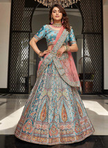 Beautiful Blue and Pink Multi Embroidered Wedding Lehenga Choli - £153.35 GBP